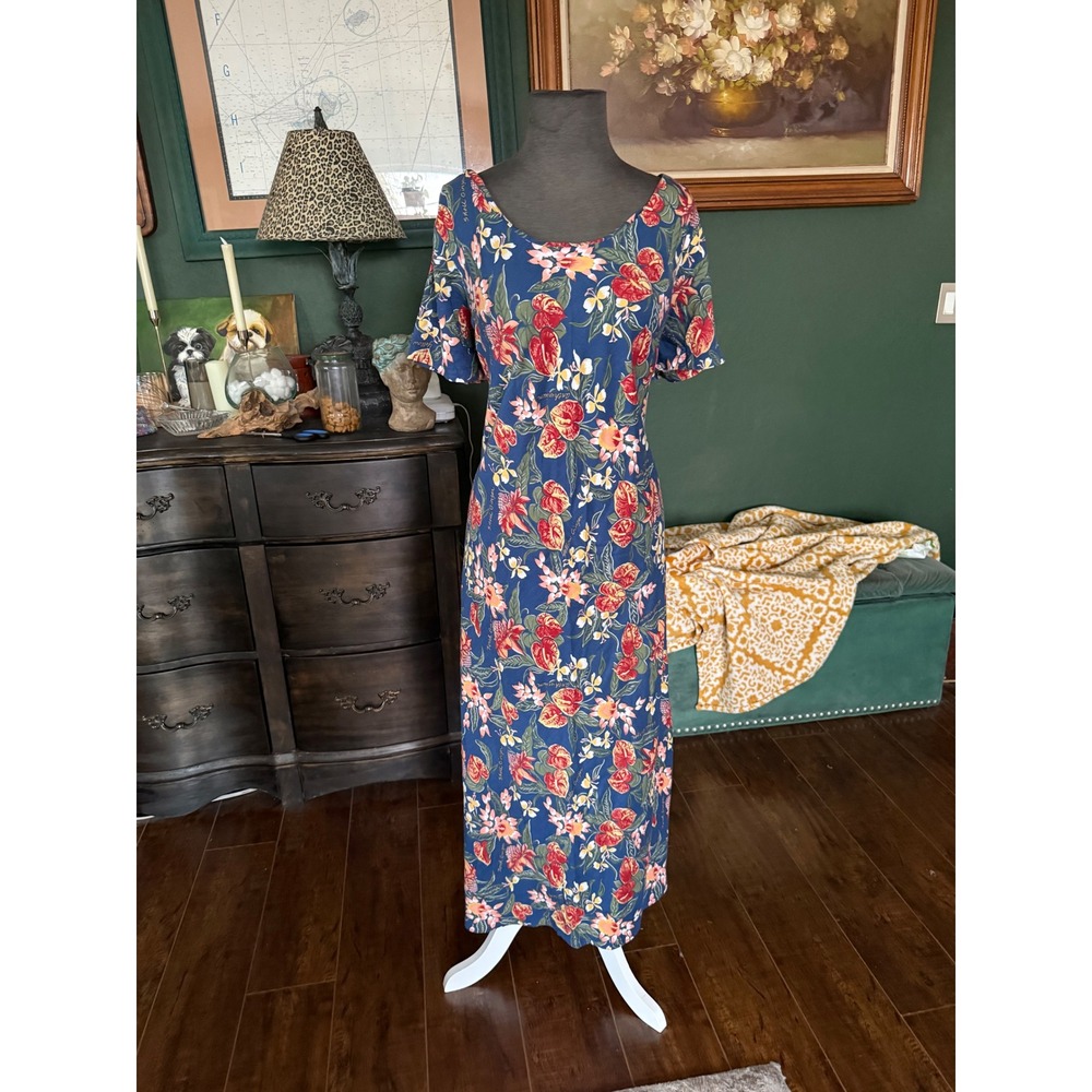 Hilo Hattie Vintage Hawaiian Maxi Dress Blue Floral Anthurium Rayon Muumuu 20